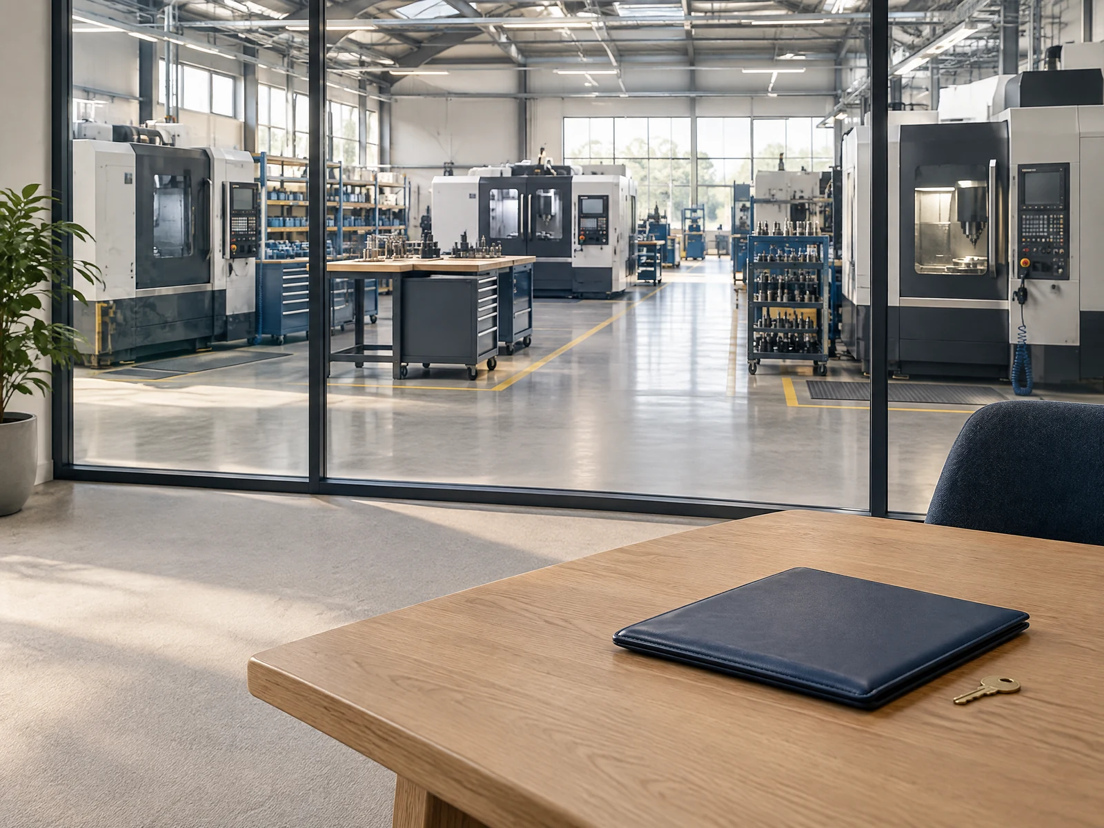 Illustrative view of an orderly manufacturing business through an office window, with a folio and key representing exit readiness and transferability